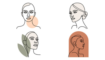 Obraz premium Minimalist Abstract Woman Face Line Art Vector Illustration Set with Aesthetic Geometric Boho Shapes and Botanical Leaves for Contemporary Beauty Logo and Poster Designs