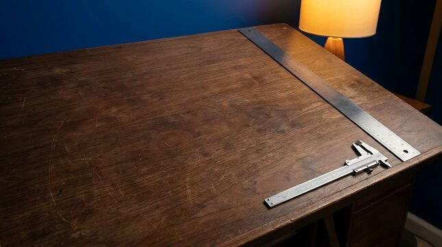 Traditional wooden drafting surface prepared with essential precision tools, including a metal T-square and an accurate caliper, for detailed technical design and architectural planning