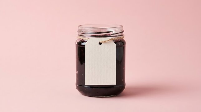 Blueberry jam package design, glass jar mockup with blank designed label, pink background