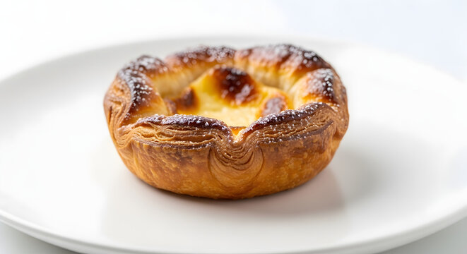 Belgian curd pastry cake or the geraardsbergse mattentaart served on white plate in close up shot. Belgian food, European cake and dessert, pastry bakery assets