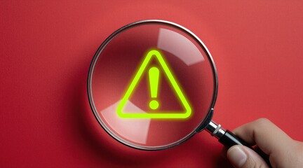 Obraz na płótnie Canvas Person holds magnifying glass over yellow exclamation sign on red background. Lens makes symbol look larger for inspection. Hand examines warning icon carefully to find potential danger. Concept of