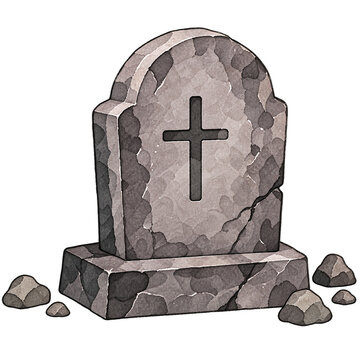 Watercolor halloween gravestone with cross symbol isolated on black background. Spooky stone tombstone illustration.