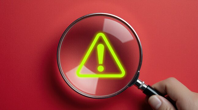 Person holds magnifying glass over yellow exclamation sign on red background. Lens makes symbol look larger for inspection. Hand examines warning icon carefully to find potential danger. Concept of
