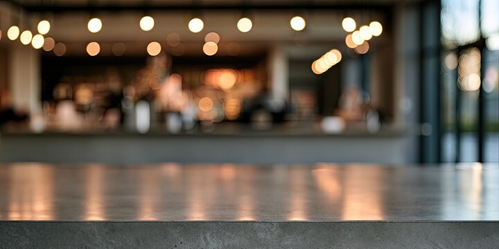 A concrete counter in the foreground, blurred cafe interior with warm lights