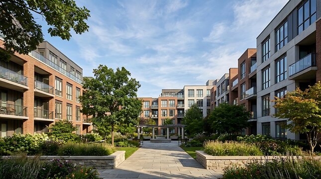 Modern residential complex showcasing contemporary architecture with multiple apartment buildings surrounding a beautifully landscaped central courtyard, creating an inviting urban oasis