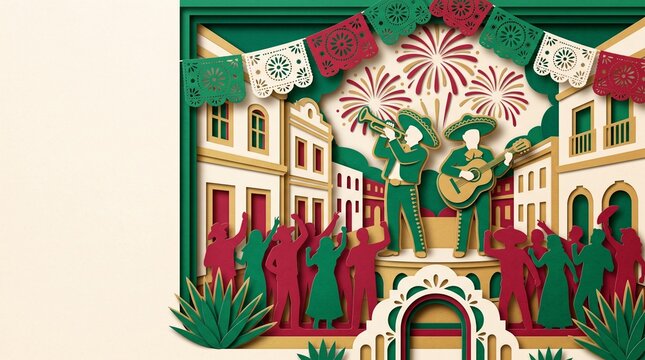 Mexican Independence Day festive paper cut scene with mariachi performers, dancing crowd, fireworks, papel picado and traditional town architecture with copy space