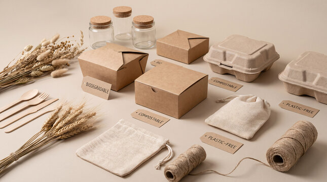Eco-friendly food packaging set, sustainable kraft paper boxes and glass jars, biodegradable takeaway containers for zero waste branding