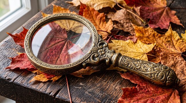 Vintage brass magnifying glass on autumn maple leaves, antique handheld loupe on rustic wood, fall discovery and investigation concept