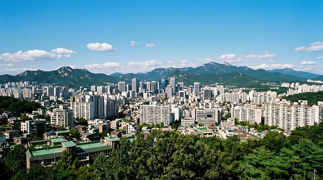 Expansive urban panorama showcasing a bustling metropolis nestled amidst rolling hills and lush greenery under a clear azure sky, symbolizing modern development in harmony with nature