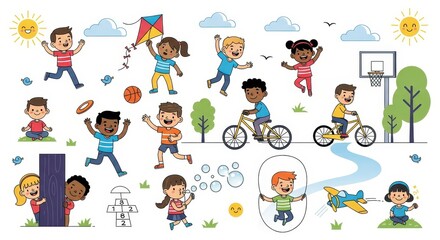 Fototapeta premium Diverse Happy Children Playing Outdoor Activities Illustration Set with Bicycles, Kite, and Sports