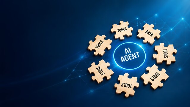 Circular arrangement of wooden puzzle pieces around an AI Agent core on a dark blue background. Concept of artificial intelligence integration and modular digital business systems.
