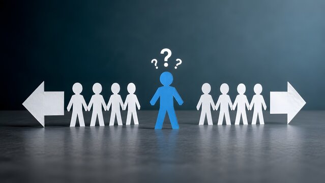 Blue paper figure with question marks standing between two groups and arrows pointing in opposite directions. Concept of business decision making and strategic dilemma.