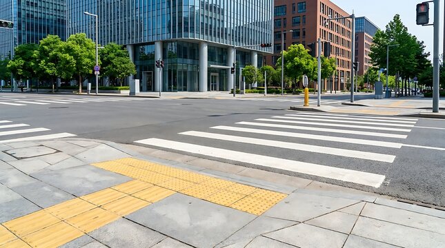 Quiet urban intersection featuring modern glass buildings, a clear pedestrian crosswalk, and yellow tactile paving, depicting an empty city environment ready for business and leisure