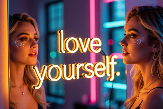 Woman with glitter on face looks in mirror reflecting neon sign love yourself message. Positive affirmation for self care and confidence. Neon lights create vibrant atmosphere.