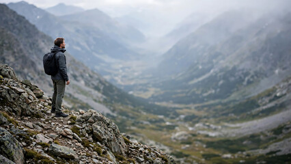 Fototapeta premium Hiker Standing on Rocky Mountain Slope Overlooking Vast Foggy Valley