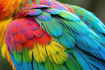Obraz premium Close up of colorful parrot feathers with rainbow gradient pattern. Detailed texture shows natural beauty and vibrant plumage. Exotic tropical bird plumage close view.