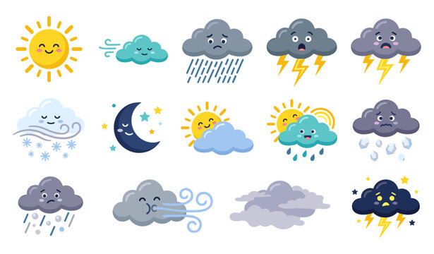 Cute cartoon weather forecast vector icons set isolated on white background, funny character expressions for sun, rain, storm, snow, wind, and lightning elements in preschool children education