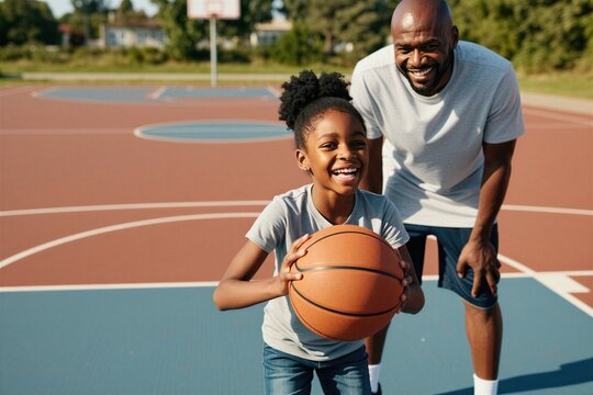 Happy African American father, young daughter play basketball on outdoor court. Man teaches girl to throw ball. Family bonding outdoors in summer sun. Smiling parent with child enjoy sport game