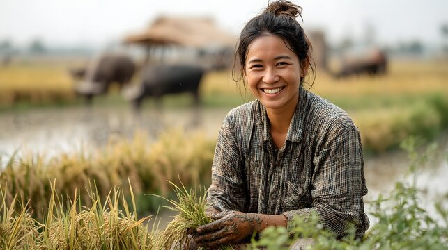 Smiling woman harvesting rice in a lush green field at sunset