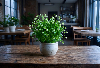 Fototapeta premium Potted green plant with small white bell flowers on a rustic wooden table in a restaurant interior, the background features a blurred restaurant interior with additional tables, chairs