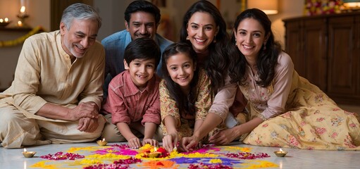 Fototapeta premium Inside a warmly lit room, a multigenerational family decorates vibrant rangoli patterns, celebrating tradition and togetherness.