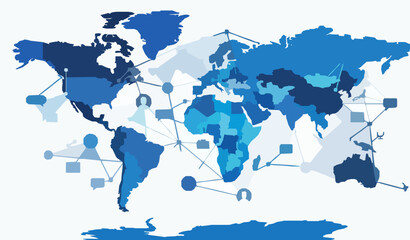 Obraz premium Abstract world map graphic with interconnected nodes and communication icons representing global business and digital network connectivity