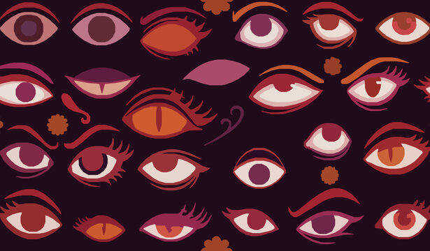 Seamless pattern with hand drawn stylized human eyes in warm red and orange tones on dark background
