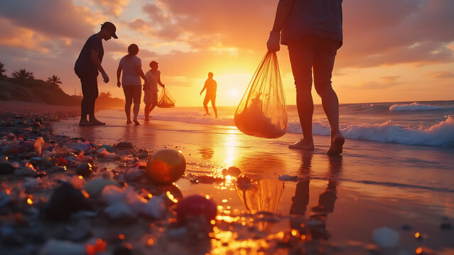 People with Gloves Collecting Plastic Trash on Riverbank or Beach