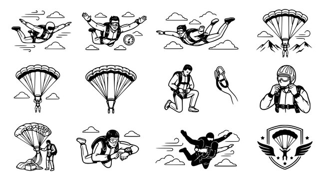 Collection of skydiving and parachuting illustrations in a vintage black and white style