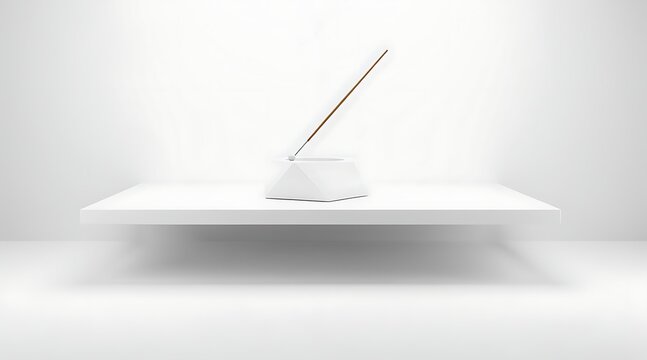 Minimalist Zen Scene Featuring a Single Aromatic Incense Stick on a White Geometric Holder and Shelf