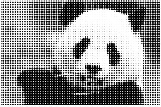 Giant panda portrait rendered in a creative digital halftone vector graphic style featuring stark black and white circular patterns that form an intricate artistic representation of a fluffy wild bear
