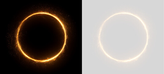 Golden glowing magic ring with fire sparks. Round glowing neon portal light effect. Circular gold particle border isolated on black and transparent background © Светлана Гончаренко