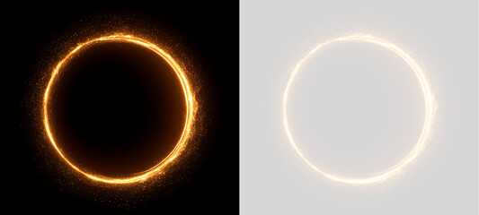 Bright golden energy circle with glowing particle sparks. Round magic portal light effect. Circular flaming border on black and transparent background © Светлана Гончаренко