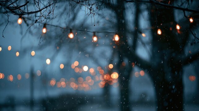 String lights on bare tree branches at dusk with bokeh