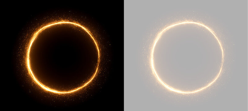 Glowing golden magic portal circle with sparkling light particles. Round energy ring frame isolated on transparent background