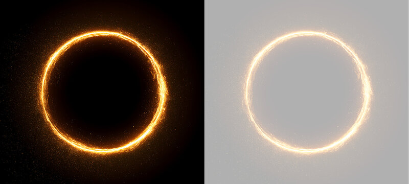 Swirling golden fire circle with glowing particles. Magic light ring and fiery round portal. Vector energy effect isolated on black and transparent background