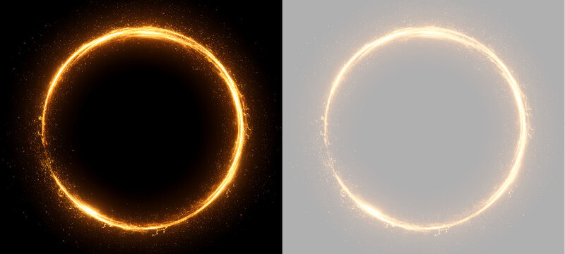 Glowing golden light ring with shimmering spark particles. Round magical fire border. Abstract luminous circle overlay isolated on transparent and black background