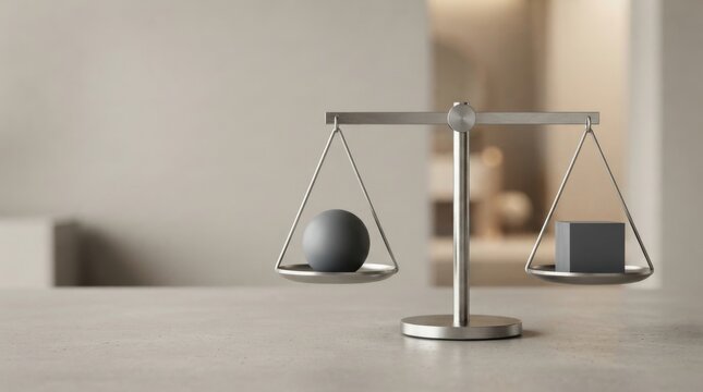 Conceptual scales balancing a dark gray sphere and cube representing equality or contrast