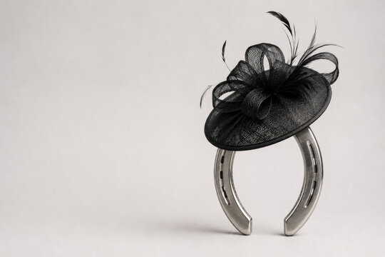 Black feather fascinator rests on an upright metal horseshoe. Space for text.
