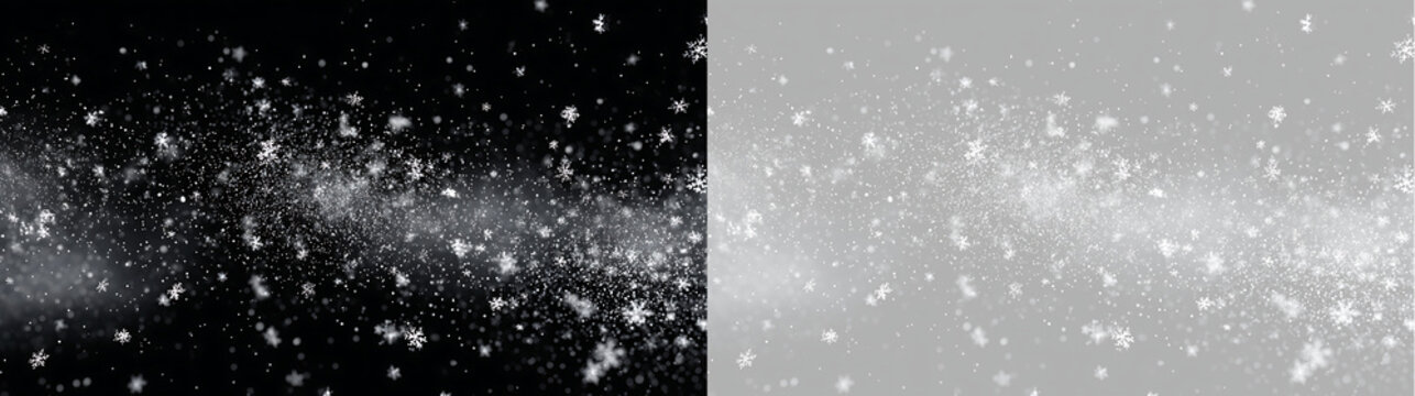 Realistic falling snowflakes and winter blizzard particles overlay. White snow drift and flurry isolated on transparent background