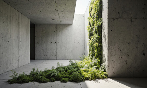 Biophilic concrete office featuring minimalist interior with green ferns and moss growing on raw walls with copy space