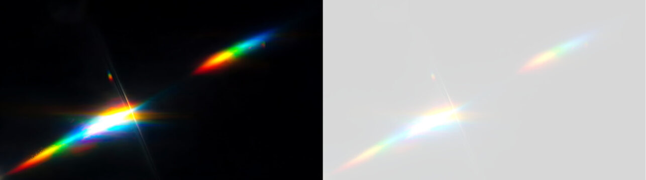 Diagonal rainbow lens flare and crystal prism light leak. Abstract optical refraction effect isolated on black and transparent background
