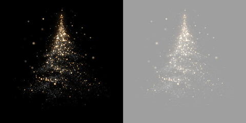 Naklejka premium Shining Christmas tree silhouette composed of golden sparkles and bokeh. Sparkling holiday light overlay on transparent background