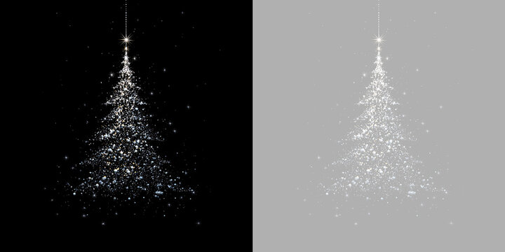 Detailed glitter particle Christmas tree with star topper and glowing baubles. Holiday magic light overlay on transparent background