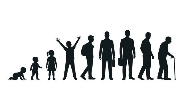 Human life cycle stages vector illustration showing progression from infancy to old age as dark silhouettes