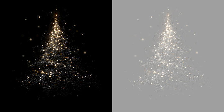 Shining Christmas tree silhouette composed of golden sparkles and bokeh. Sparkling holiday light overlay on transparent background