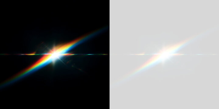 Anamorphic rainbow light flare overlay on transparent background. Spectral prism sun flare and horizontal optical beam effect
