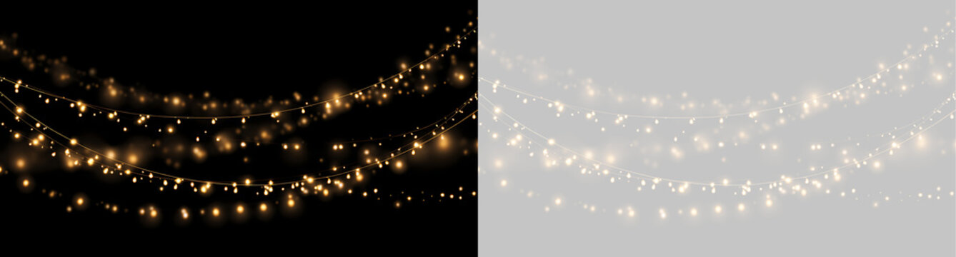 Golden Christmas fairy lights garland with glowing bokeh. Festive string lights overlay on transparent and black background