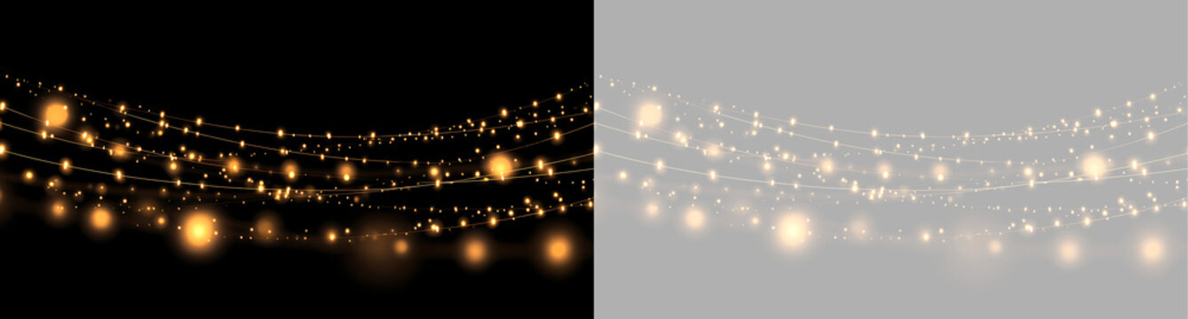 Draped golden string lights with large glowing bokeh spheres. Festive holiday garland overlay