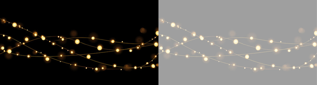Golden string lights garland border with glowing bulbs. Warm fairy lights strand isolated on transparent background